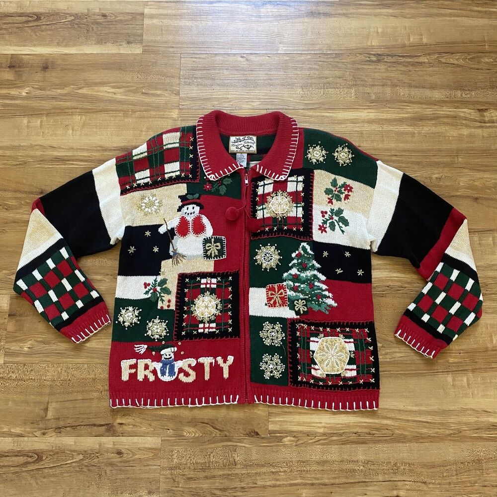 Vintage Heirloom Collectibles XL Red Ugly Christmas Sweater 2001 Zip Up Cardigan